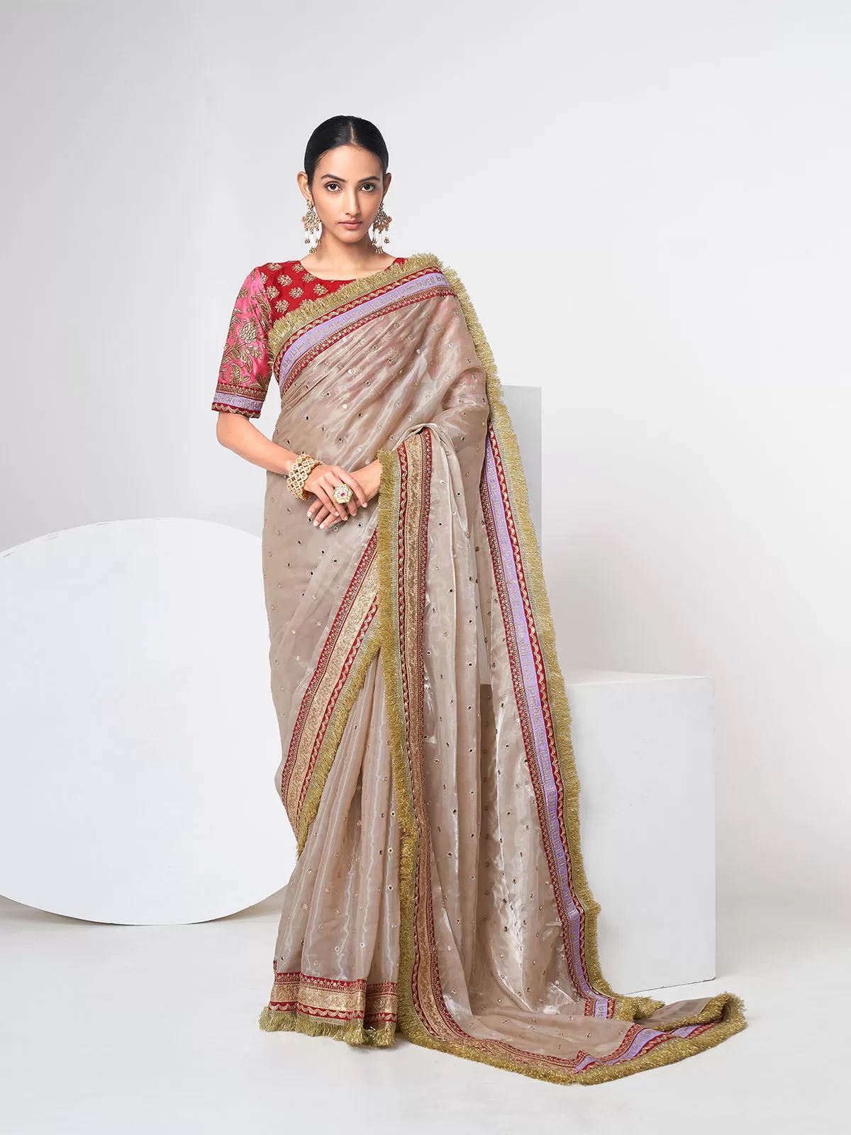 Odette Women Beige Organza Saree With Unstitched Blouse