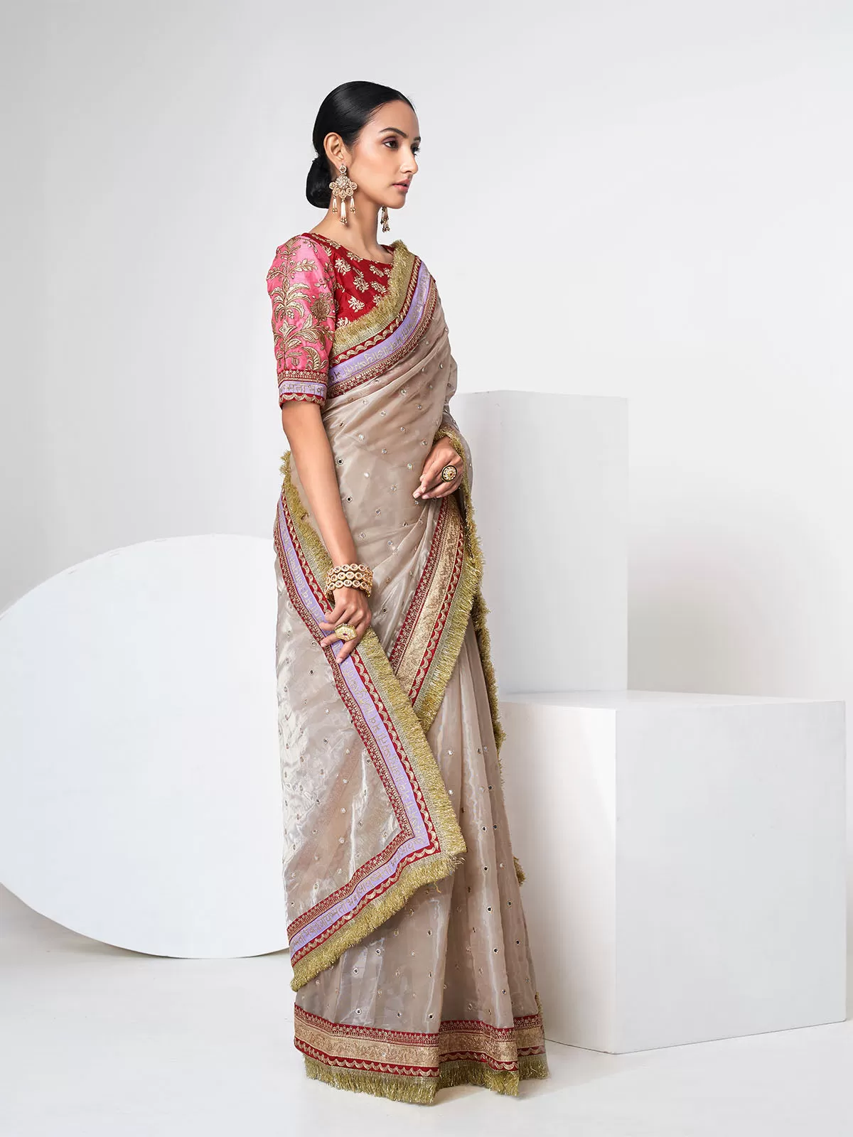 Odette Women Beige Organza Saree With Unstitched Blouse