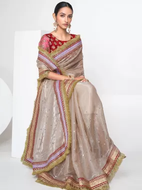 Odette Women Beige Organza Saree With Unstitched Blouse