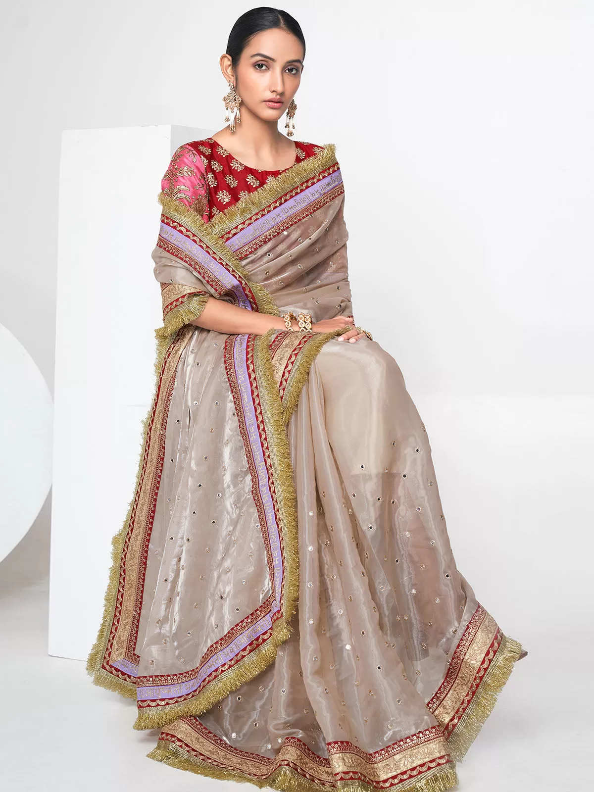 Odette Women Beige Organza Saree With Unstitched Blouse