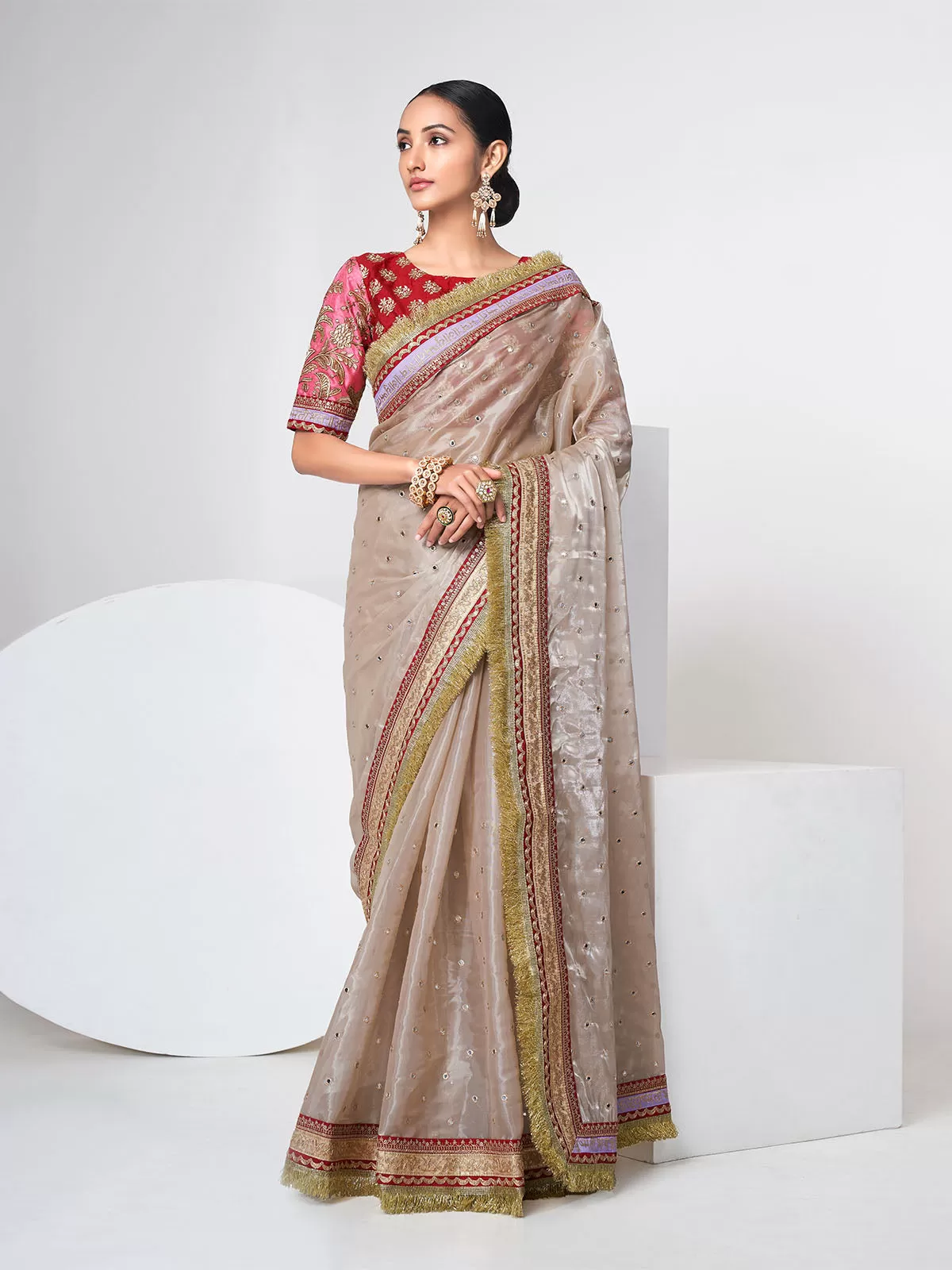 Odette Women Beige Organza Saree With Unstitched Blouse