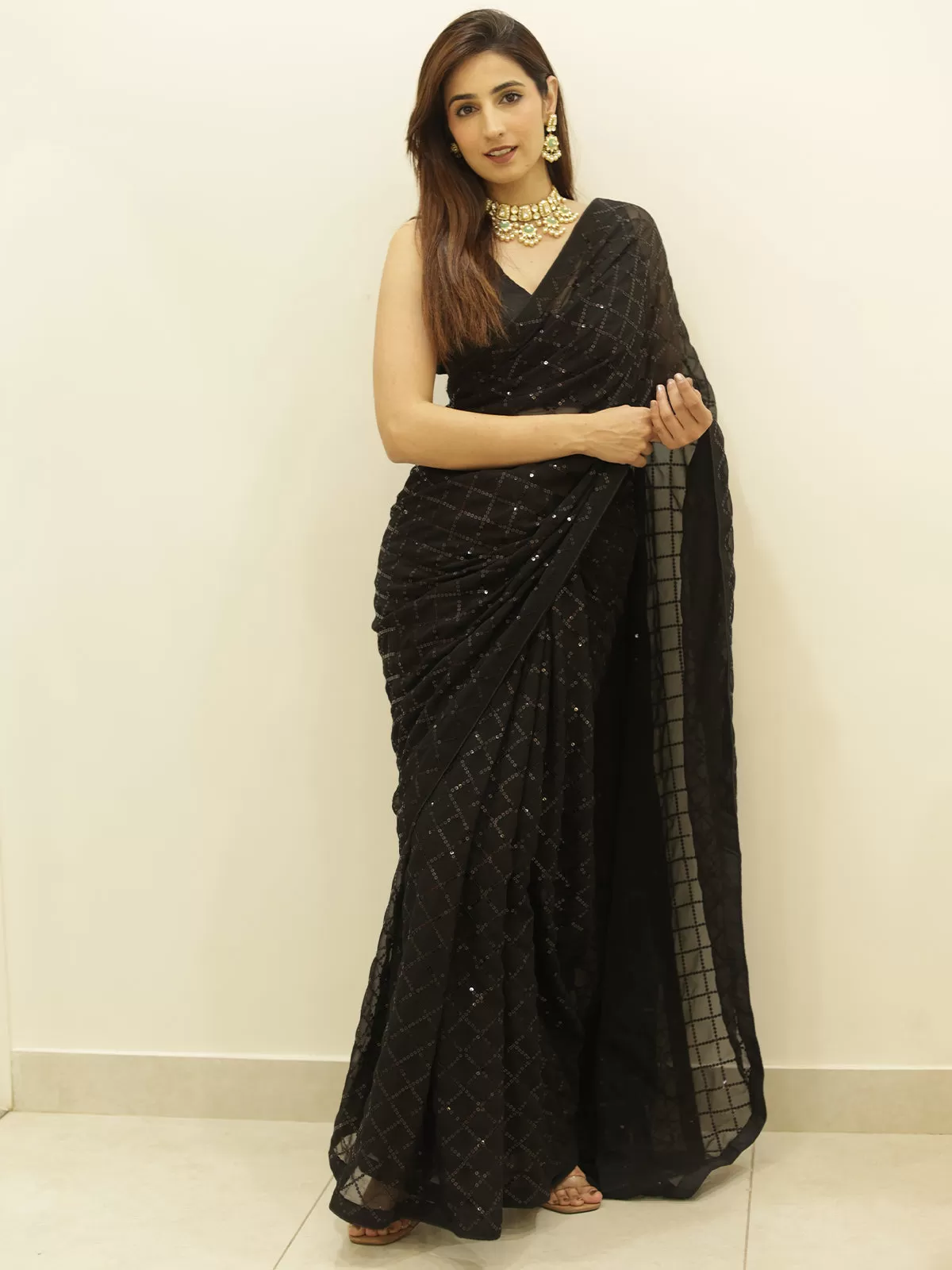 Odette Women Black Designer Sequins Saree With Unstitched Blouse