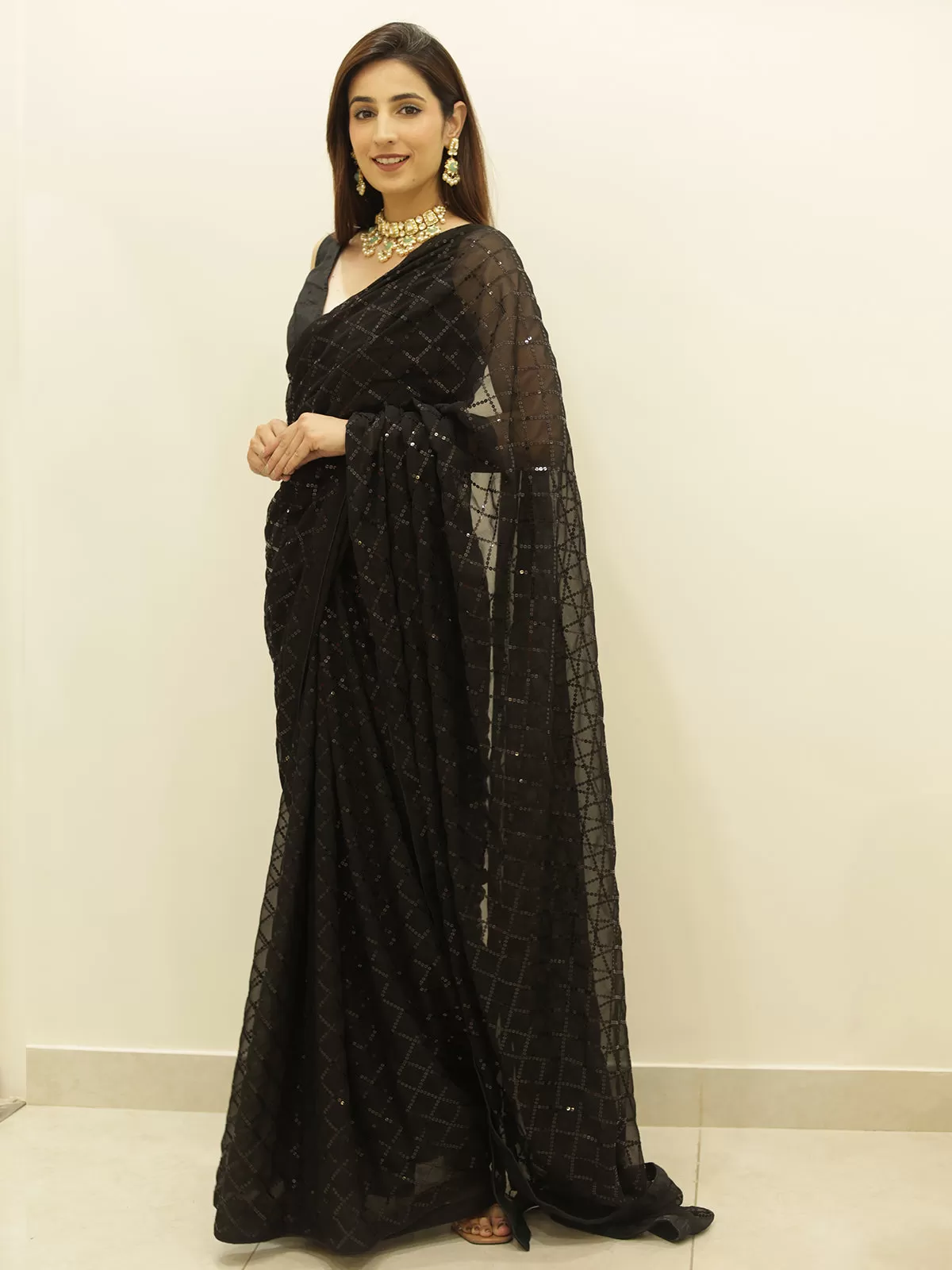 Odette Women Black Designer Sequins Saree With Unstitched Blouse