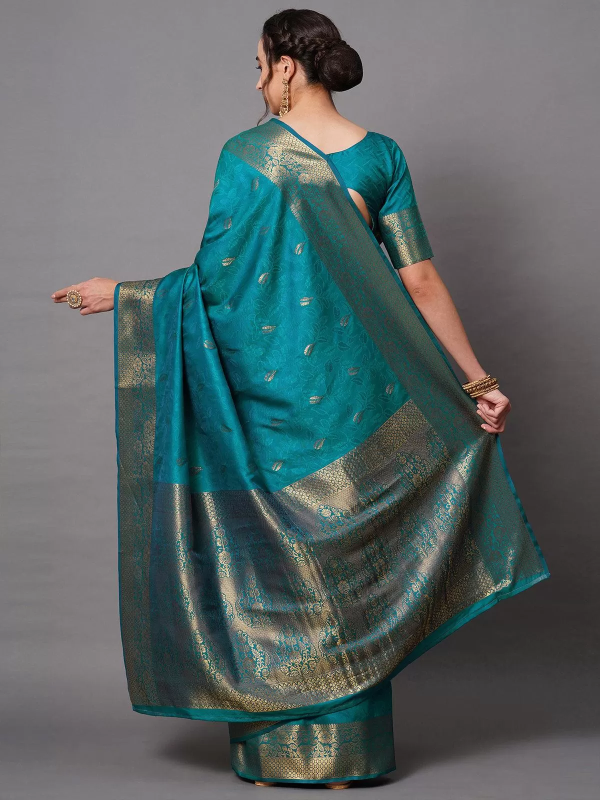 Odette Women Blue Festive Silk Blend Woven Design Saree With Unstitched Blouse