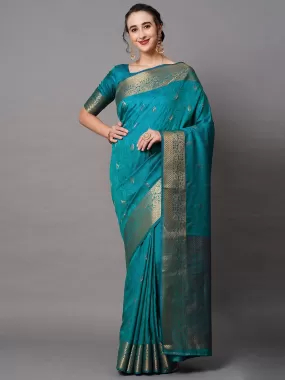 Odette Women Blue Festive Silk Blend Woven Design Saree With Unstitched Blouse