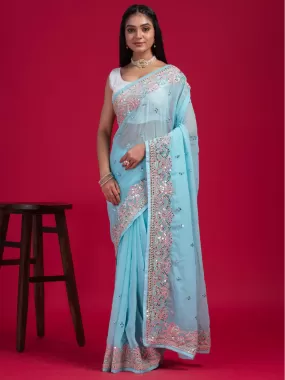 Odette Women Blue Georgette Embroidered Saree With Unstitched Blouse