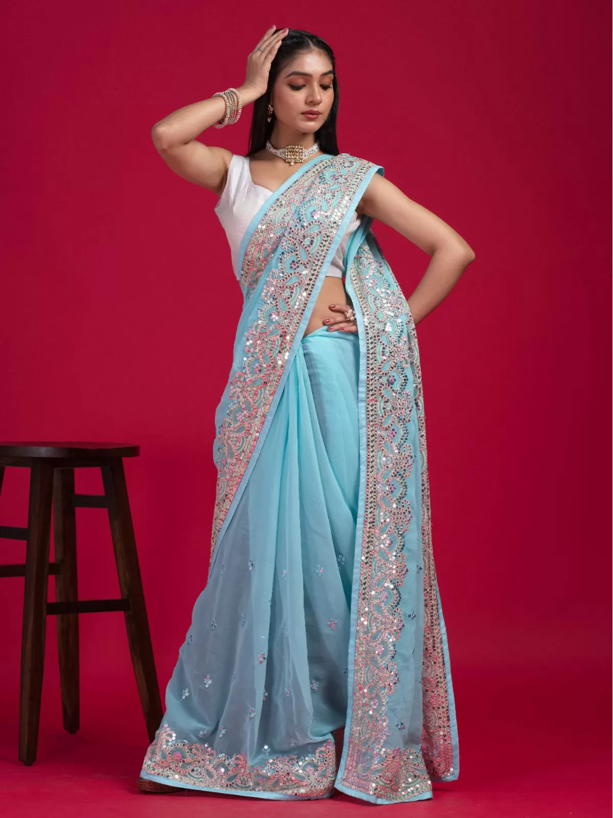 Odette Women Blue Georgette Embroidered Saree With Unstitched Blouse