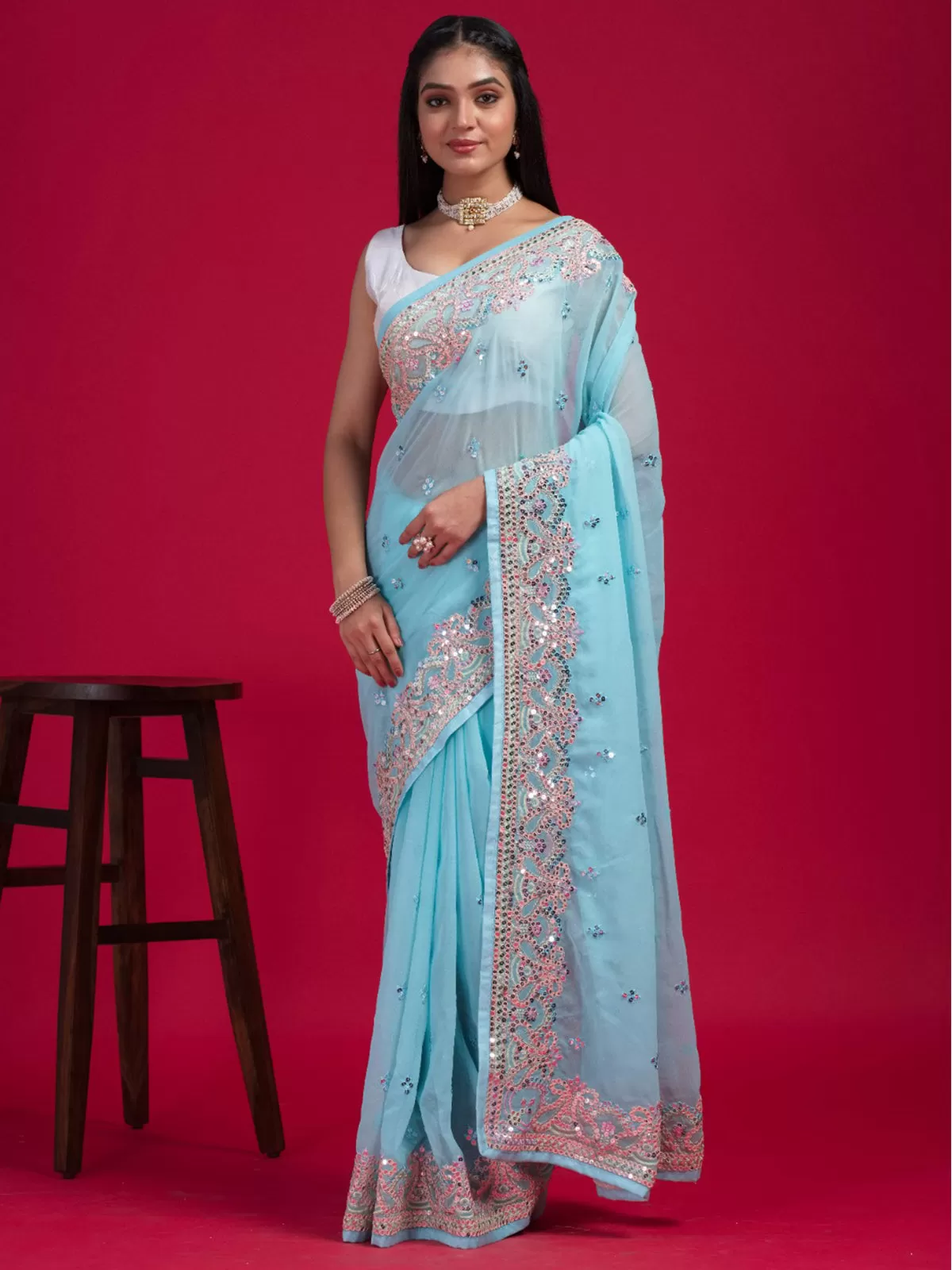 Odette Women Blue Georgette Embroidered Saree With Unstitched Blouse