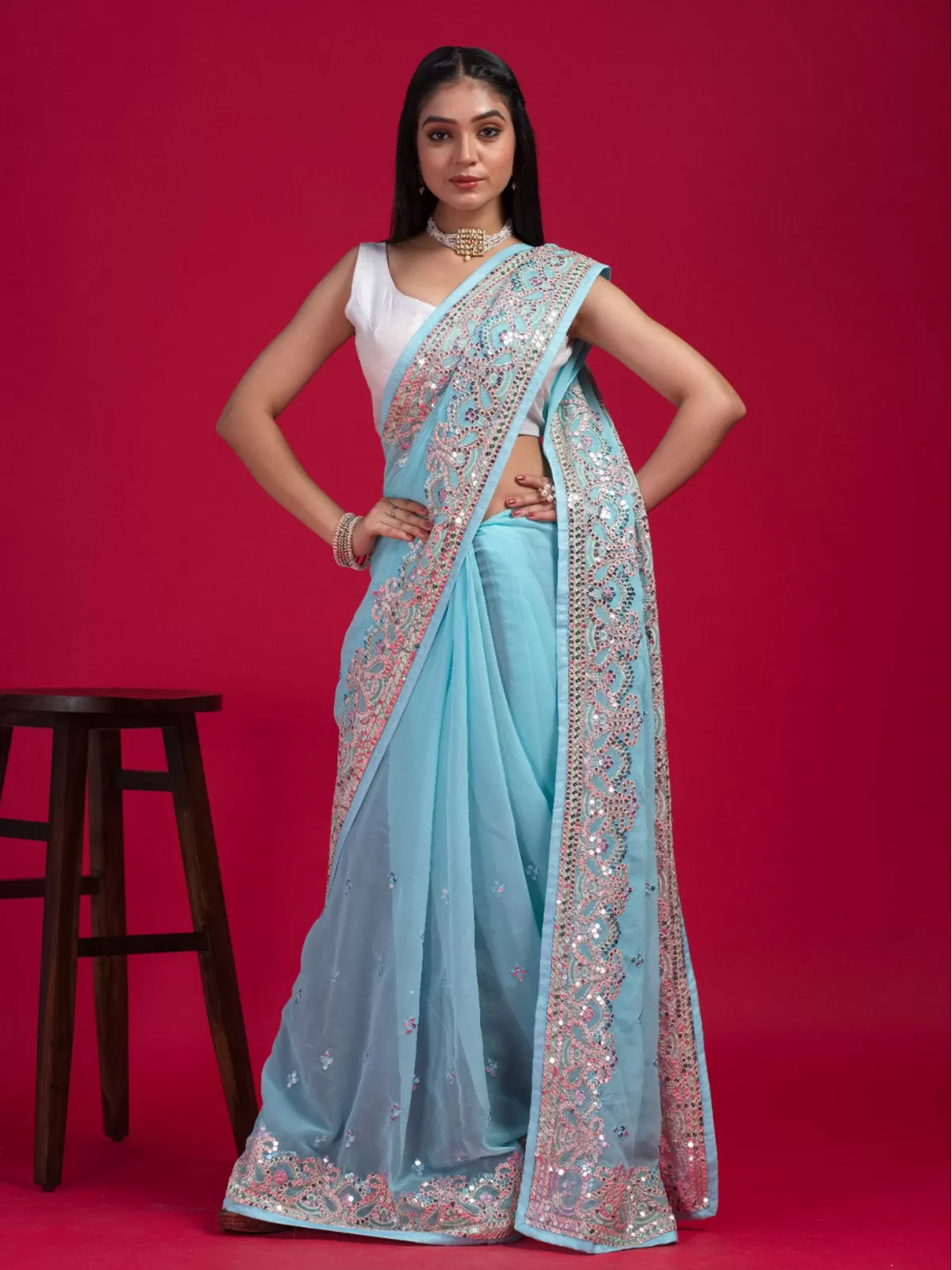 Odette Women Blue Georgette Embroidered Saree With Unstitched Blouse