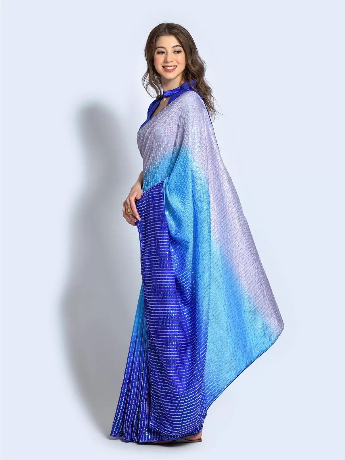 Odette Women Blue Silk Blend Designer Embroidery Saree With Unstitched Blouse