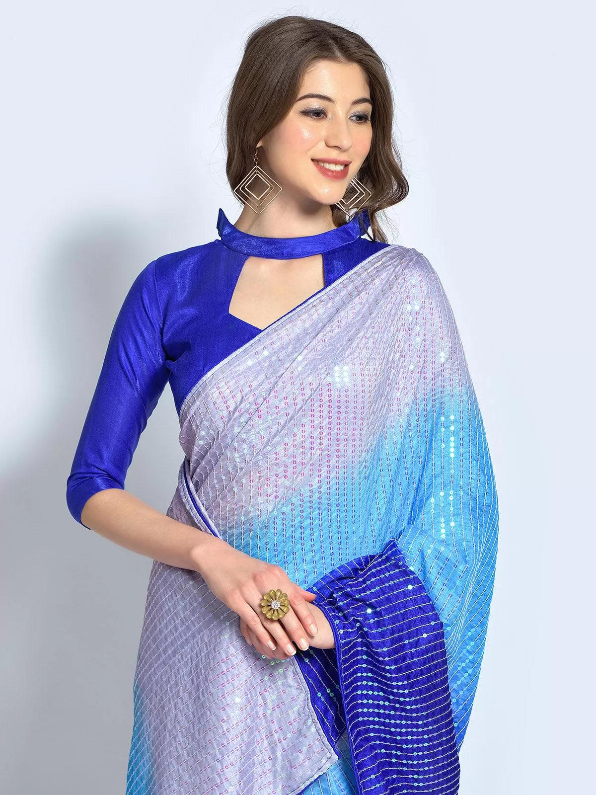 Odette Women Blue Silk Blend Designer Embroidery Saree With Unstitched Blouse