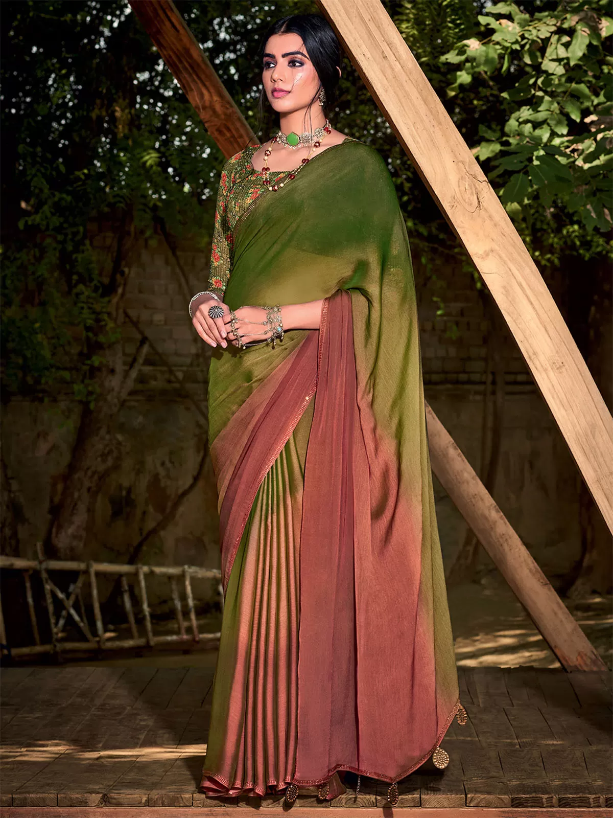 Odette Women Chiffon Dark Green Embellished Designer Saree With Unstitched Blouse