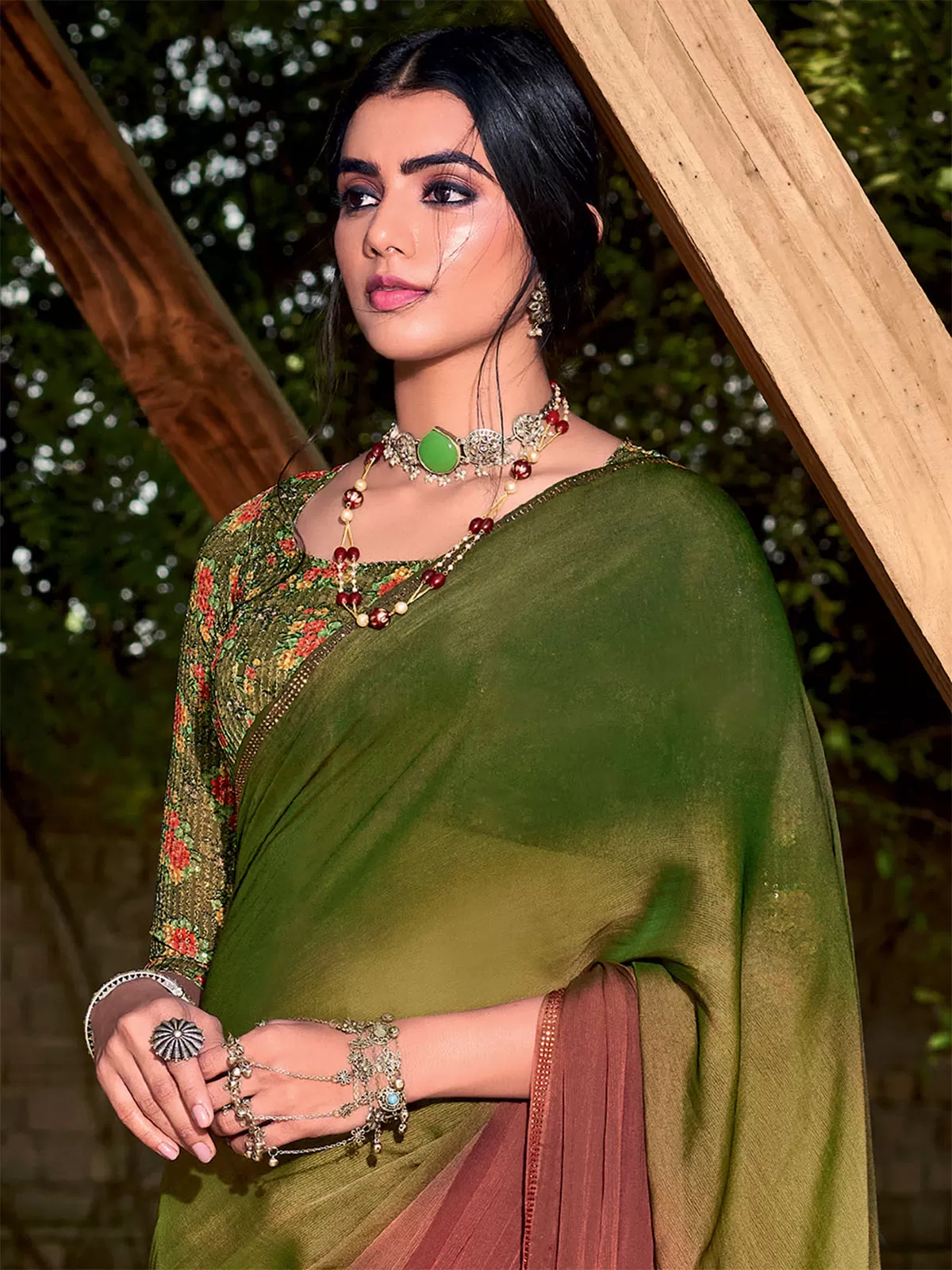 Odette Women Chiffon Dark Green Embellished Designer Saree With Unstitched Blouse