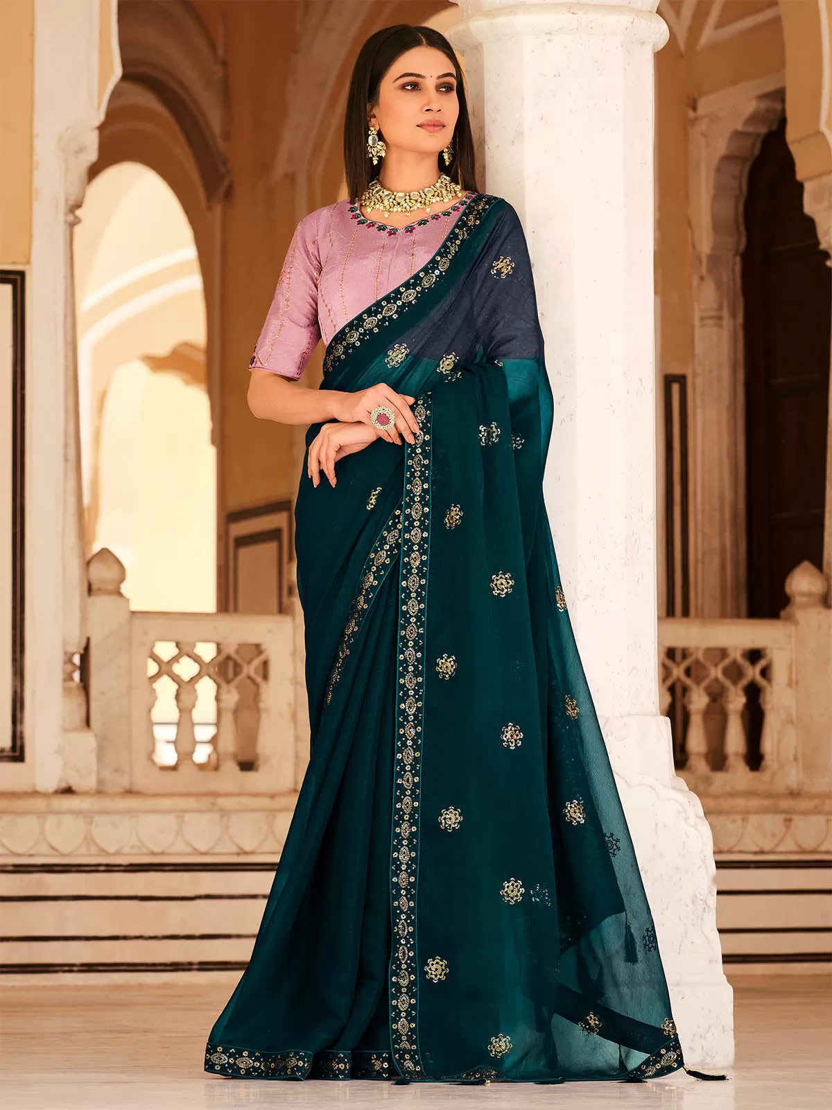 Odette Women Classic Teal Chinon Saree With Unstitched Blouse