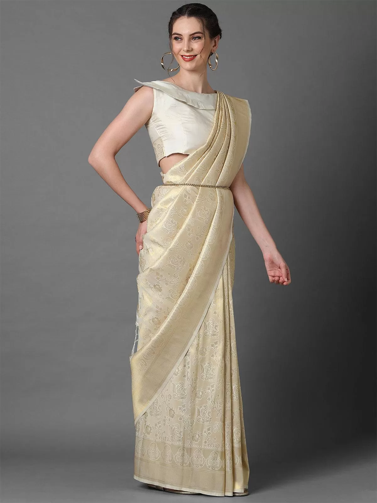 Odette Women Cream Party Wear Kanjivaram Silk Woven Design Saree With Unstitched Blouse