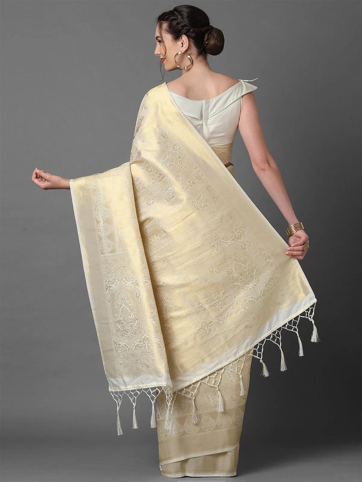 Odette Women Cream Party Wear Kanjivaram Silk Woven Design Saree With Unstitched Blouse