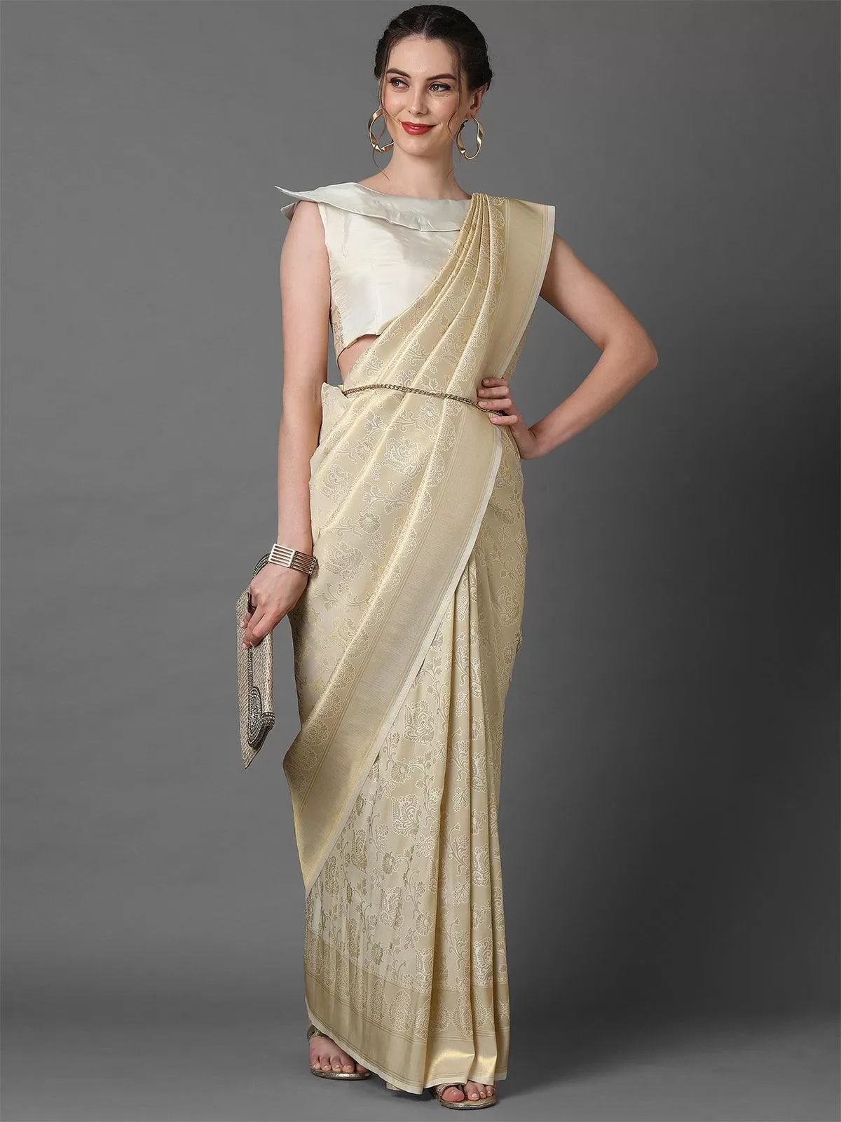 Odette Women Cream Party Wear Kanjivaram Silk Woven Design Saree With Unstitched Blouse