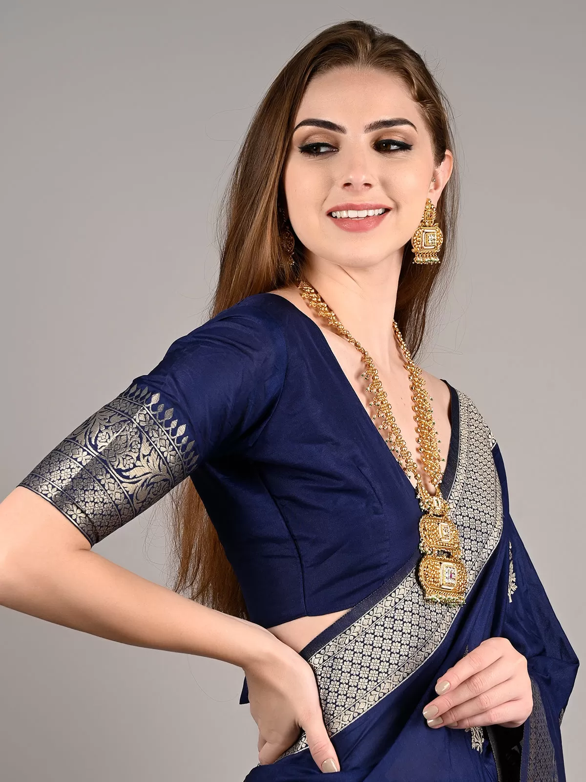 Odette Women Dark Blue Nylon Woven Saree With Unstitched Blouse