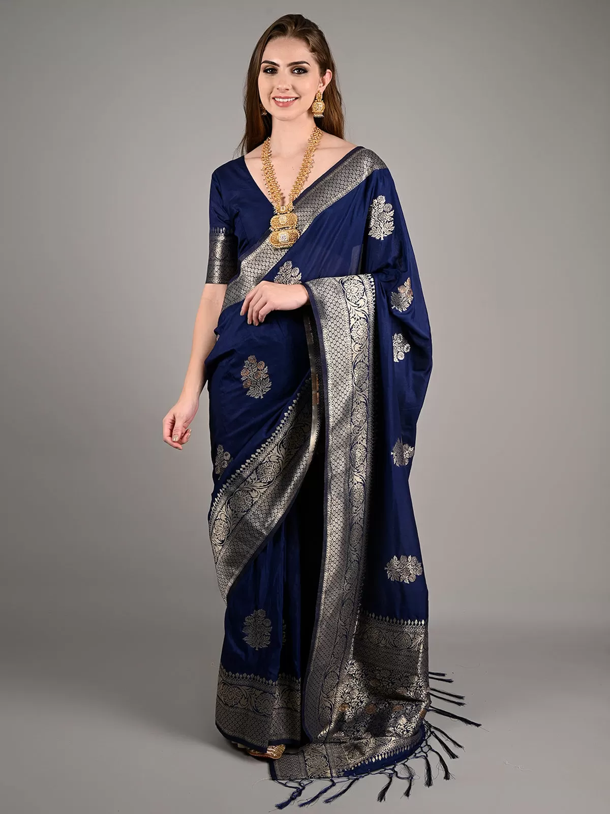 Odette Women Dark Blue Nylon Woven Saree With Unstitched Blouse