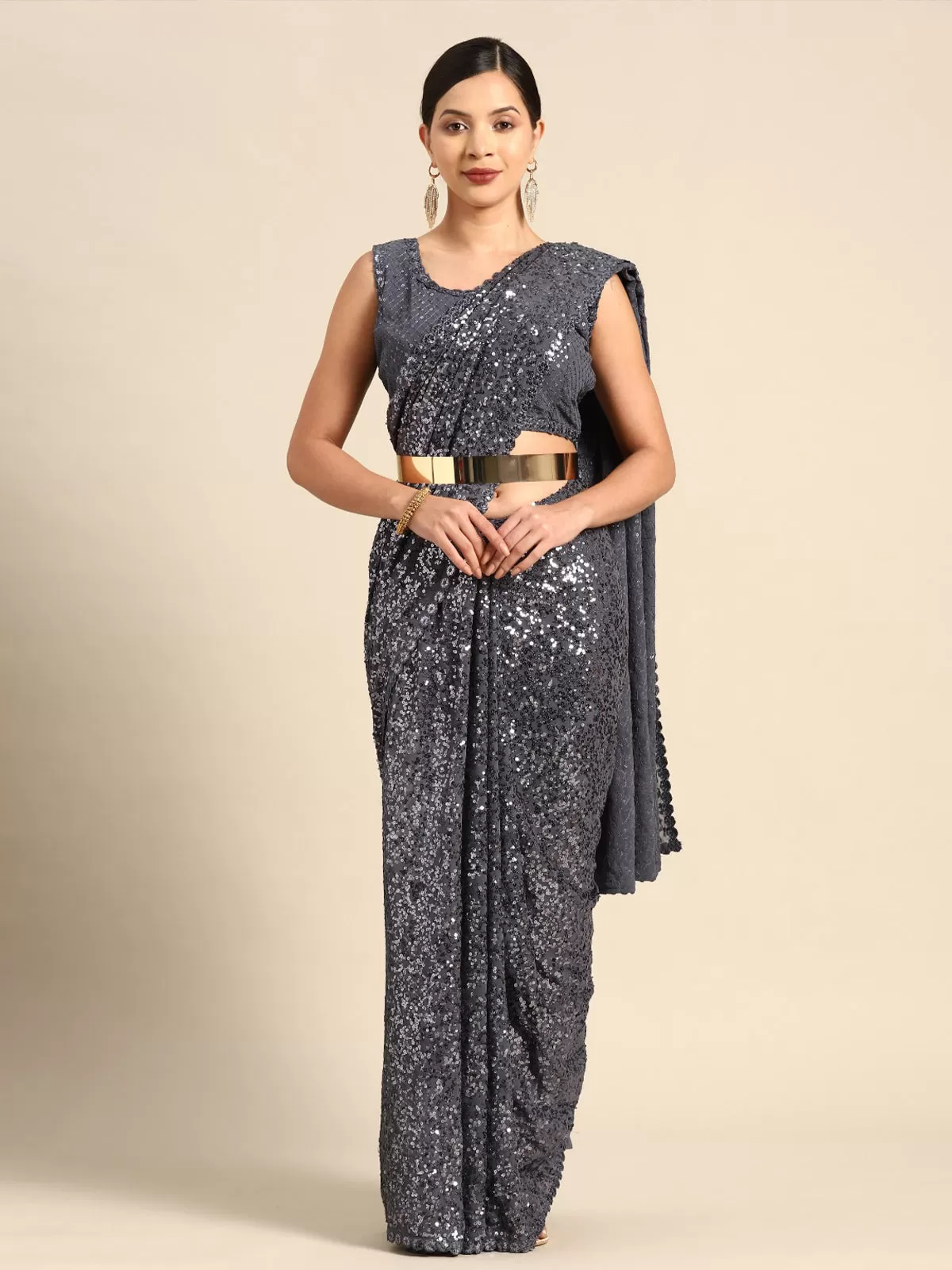 Odette Women Grey Georgette Designer Sequins Saree With Unstitched Blouse