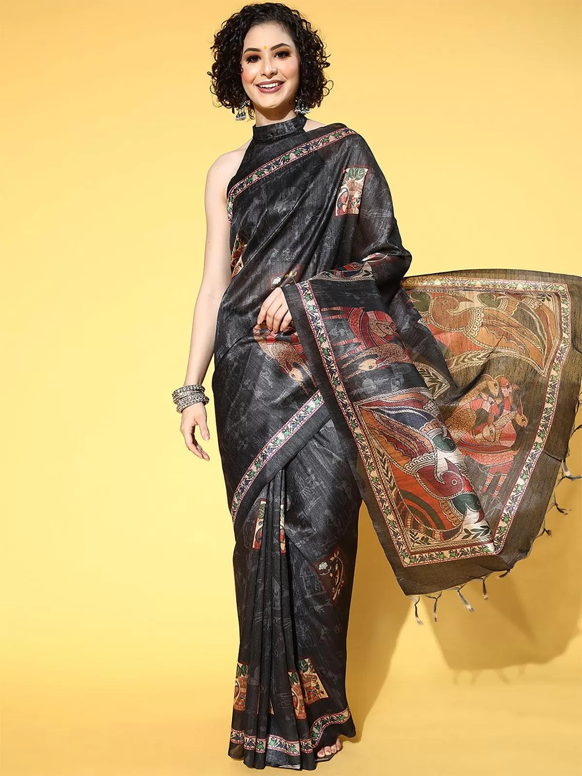 Odette Women Manipuri Silk Black Printed Designer Saree With Blouse Piece