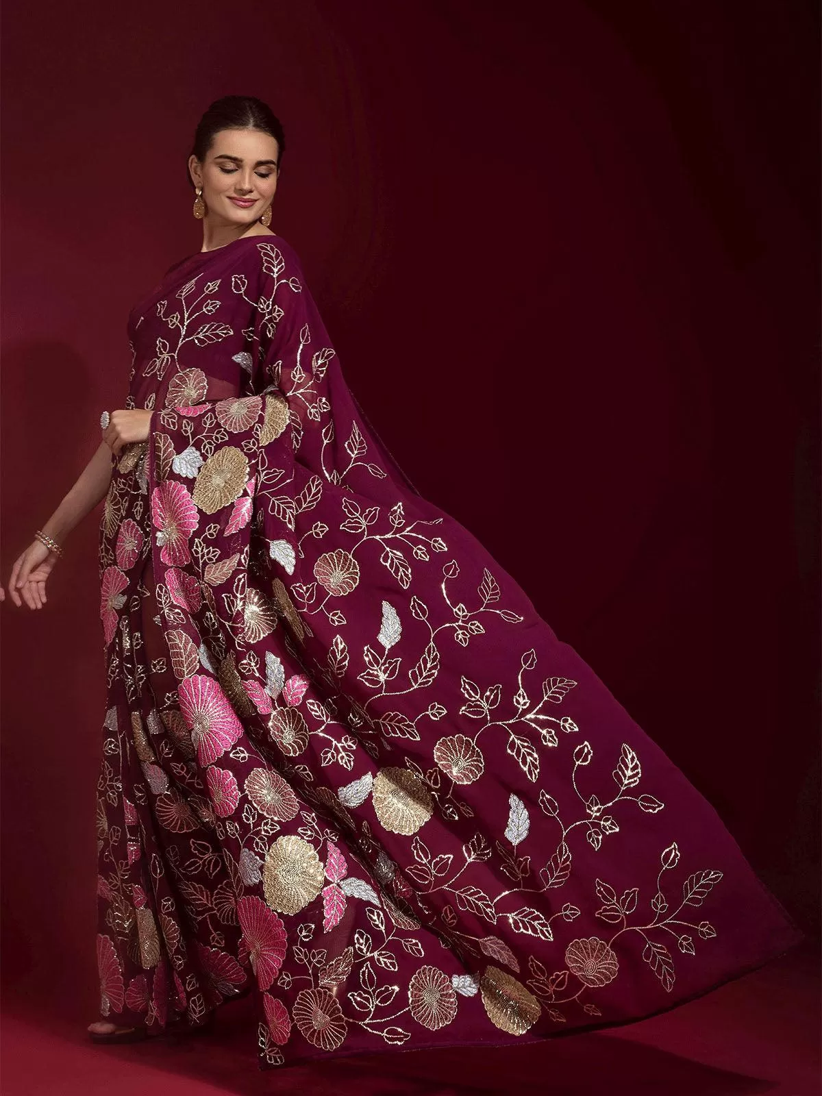 Odette Women Maroon Embroidered Georgette Saree With Unstitched Blouse