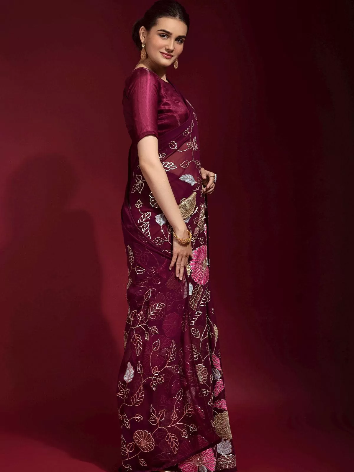 Odette Women Maroon Embroidered Georgette Saree With Unstitched Blouse