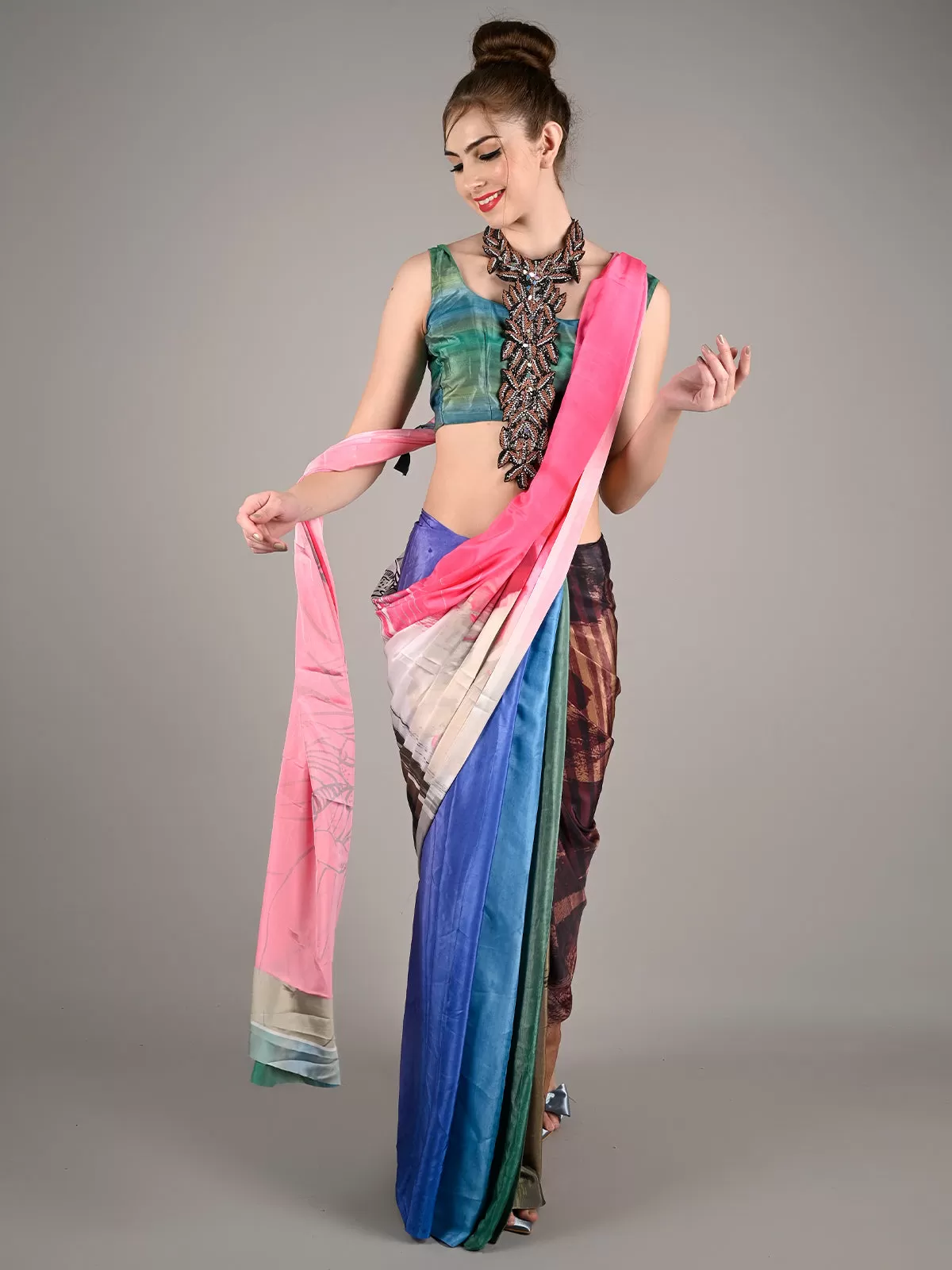 Odette Women Multicolor Silk Crepe Digital Print Saree With Unstitched Blouse