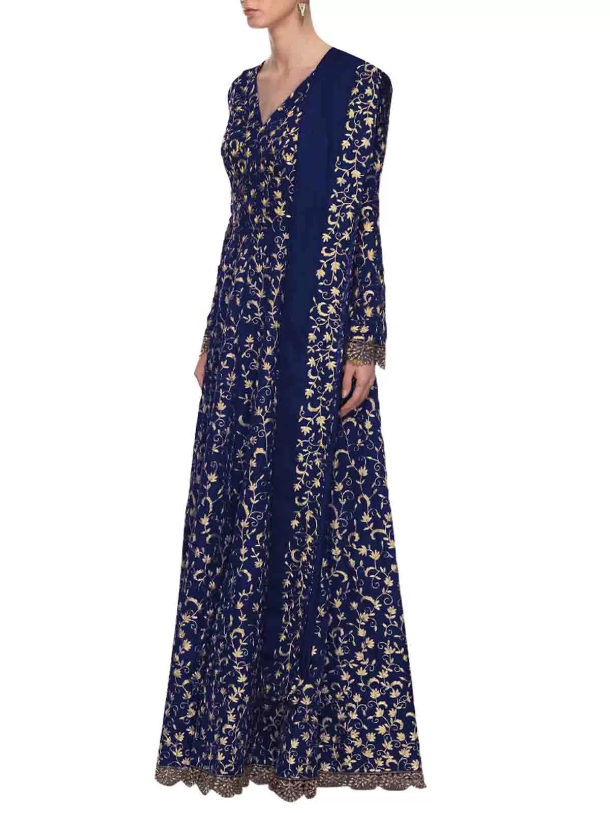 Odette Women Navy Blue Art Sik Sequins Semi Stitched Gown