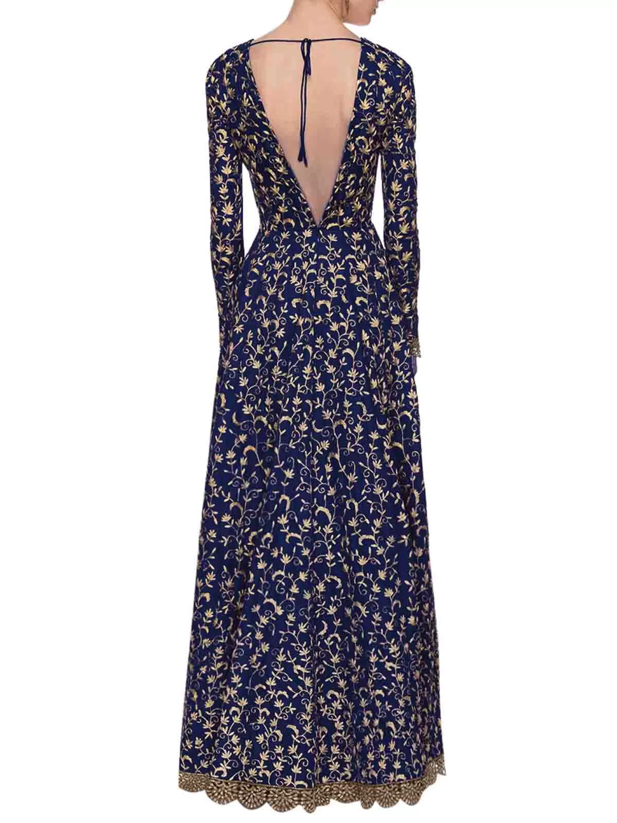 Odette Women Navy Blue Art Sik Sequins Semi Stitched Gown