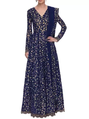 Odette Women Navy Blue Art Sik Sequins Semi Stitched Gown