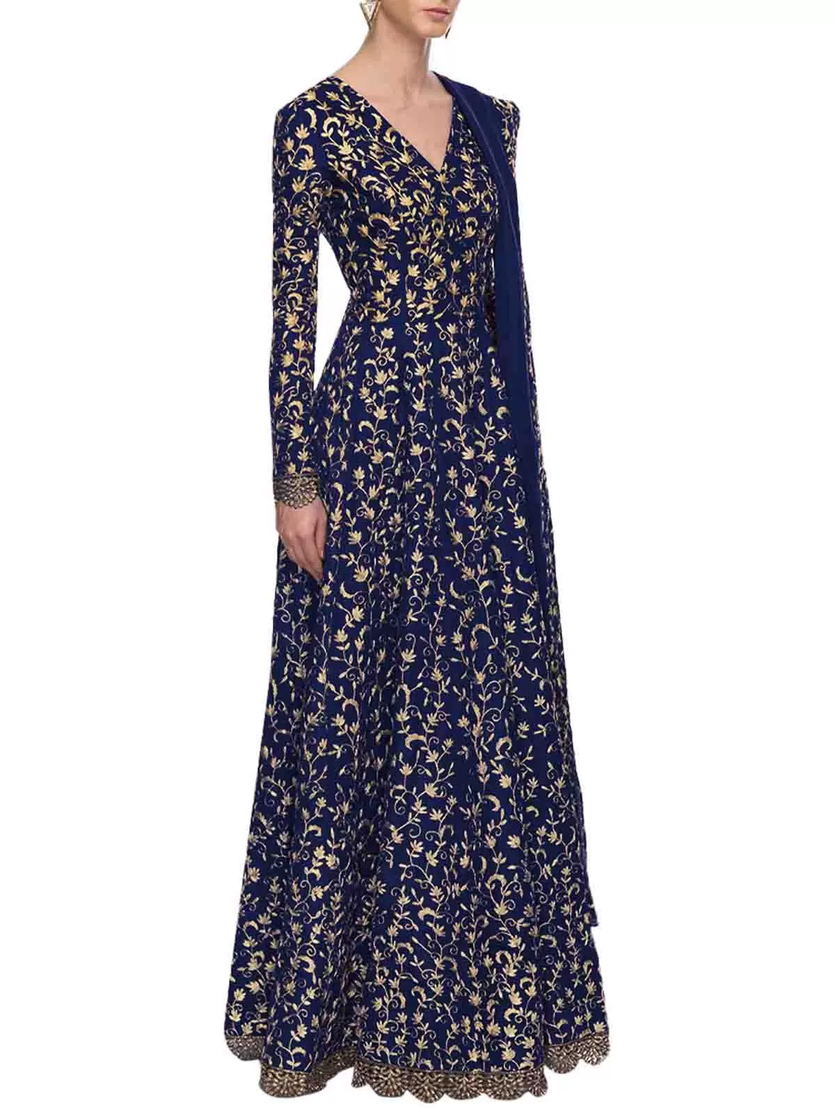 Odette Women Navy Blue Art Sik Sequins Semi Stitched Gown