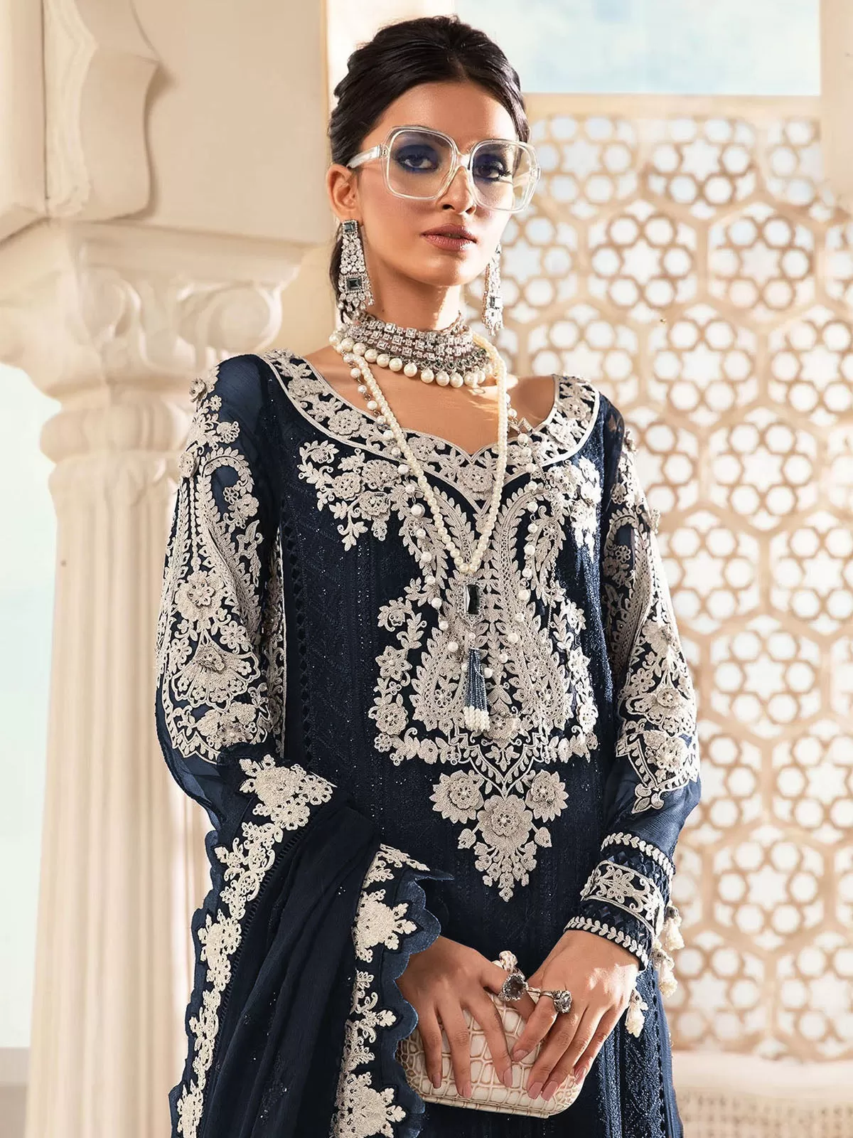 Odette Women Navy Blue Embroidered Georgette Partywear Semi Stitched Suit