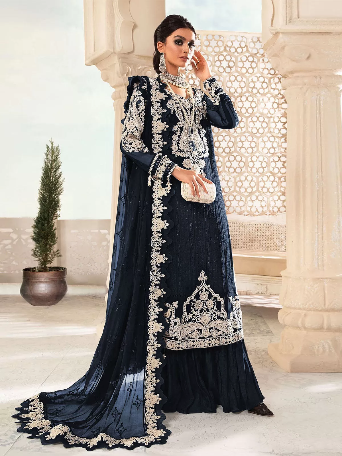 Odette Women Navy Blue Embroidered Georgette Partywear Semi Stitched Suit