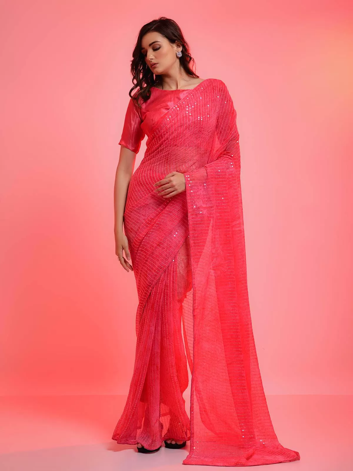 Odette Women Pink Chiffon Sequins Embroidered Saree With Unstitched Blouse