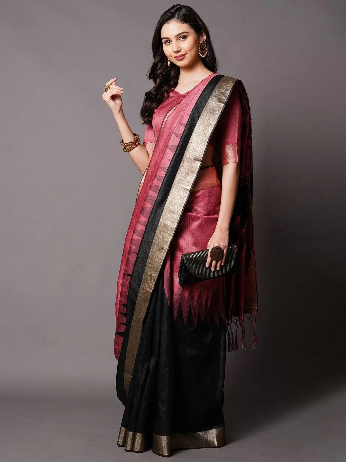 Odette Women Pink Festive Cotton Silk Woven Design Saree With Unstitched Blouse