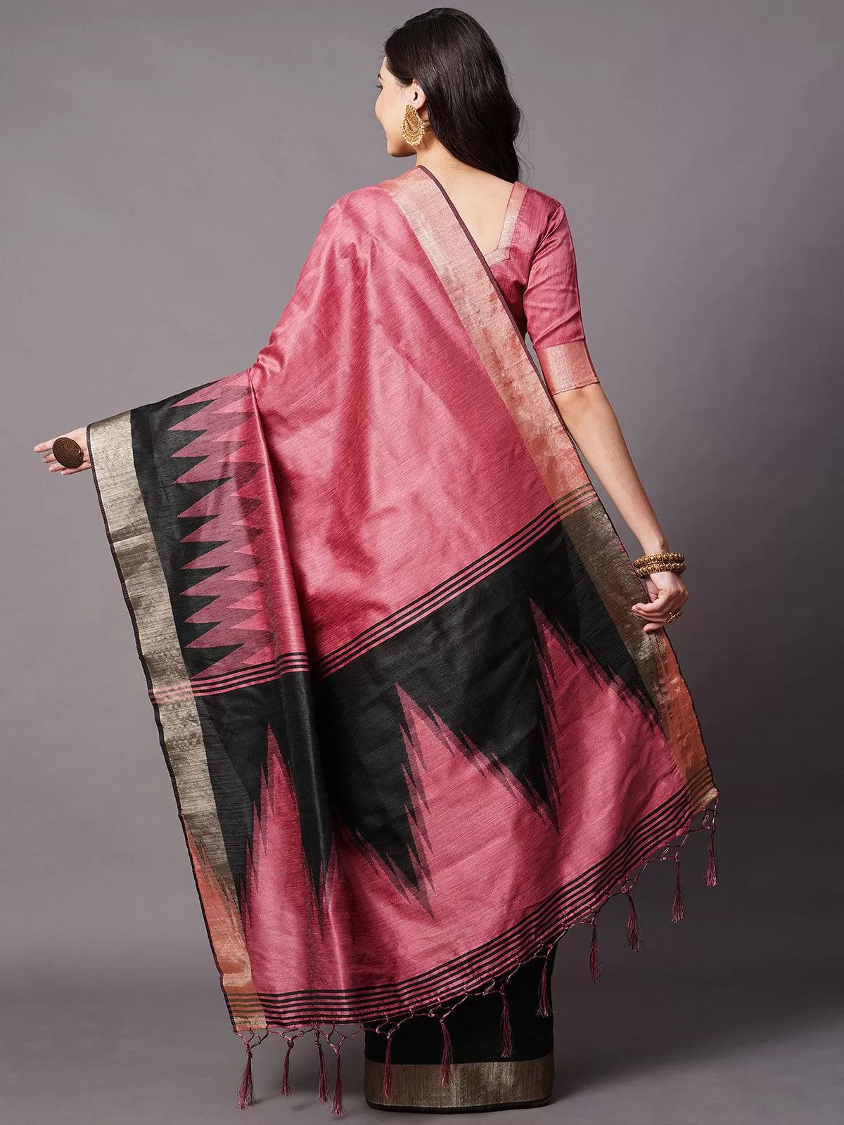 Odette Women Pink Festive Cotton Silk Woven Design Saree With Unstitched Blouse