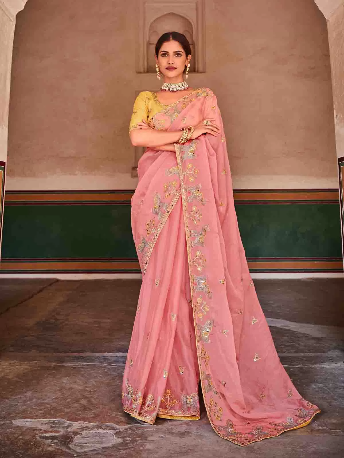 Odette Women Pink Organza Embroidered Saree With Unstitched Blouse