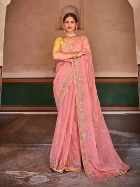 Odette Women Pink Organza Embroidered Saree With Unstitched Blouse