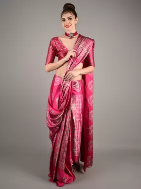 Odette Women Pink Satin Crepe Geometric Print Saree With Unstitched Blouse