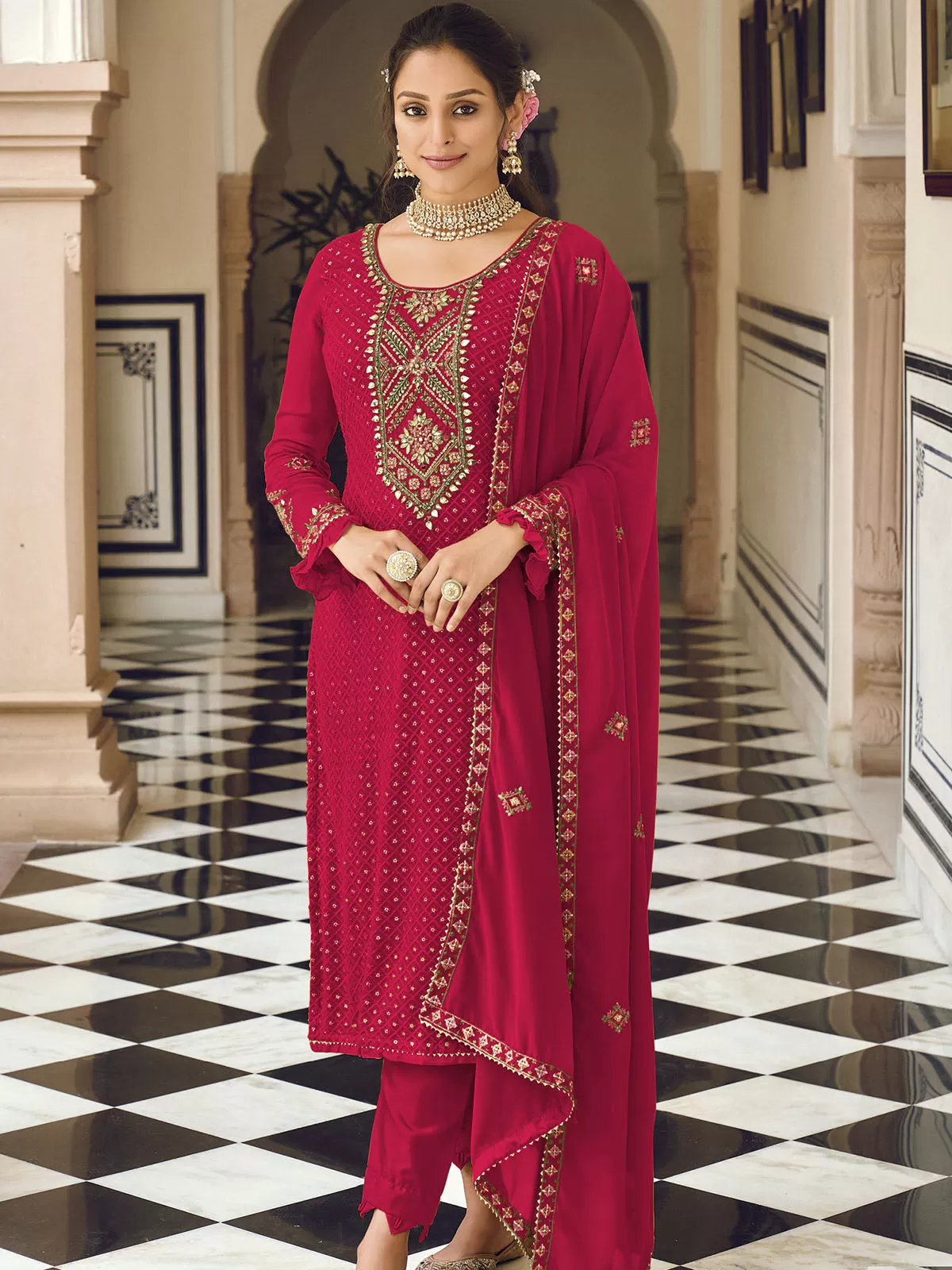 Odette Women Pink Sequence Embroidered Georgette Salwar Semi Stitched Suit