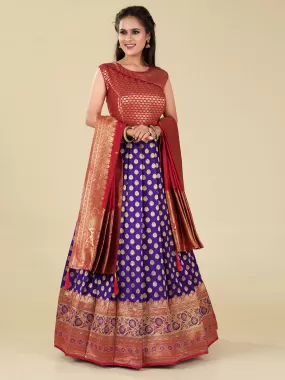 Odette Women Purple Banarasi Silk Woven Stitched Gown