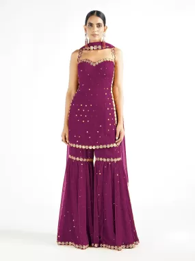 Odette Women Purple Sequence Embroidered Georgette Unstitched Semi Stitched Sharara Suit