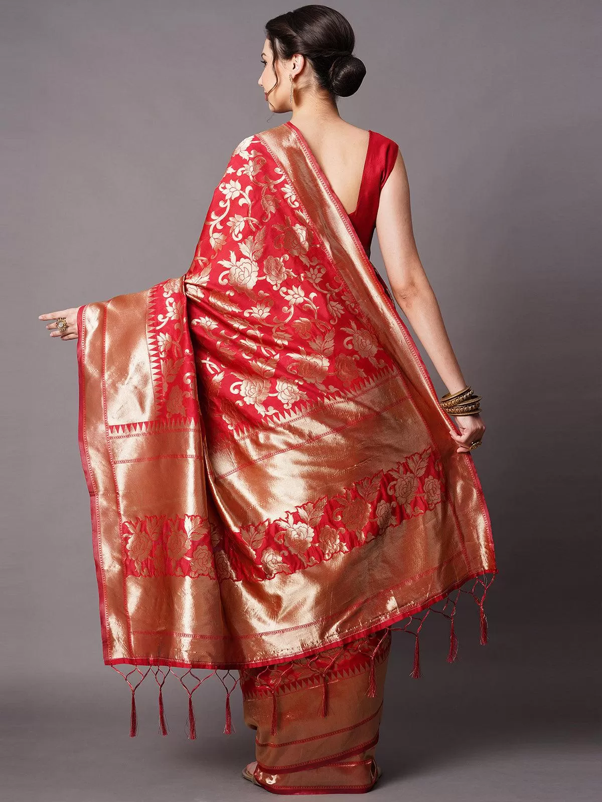 Odette Women Red Festive Silk Blend Woven Design Saree With Unstitched Blouse