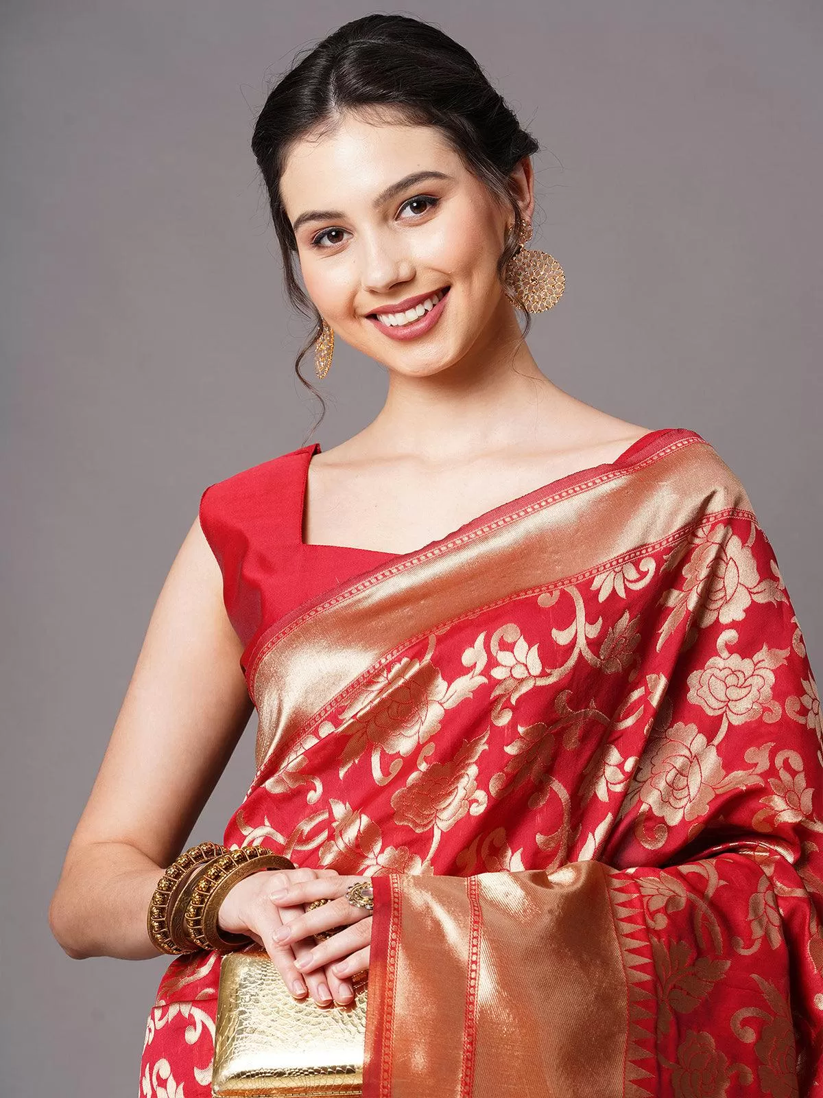 Odette Women Red Festive Silk Blend Woven Design Saree With Unstitched Blouse