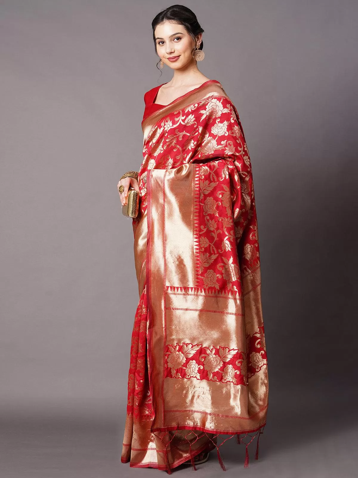 Odette Women Red Festive Silk Blend Woven Design Saree With Unstitched Blouse