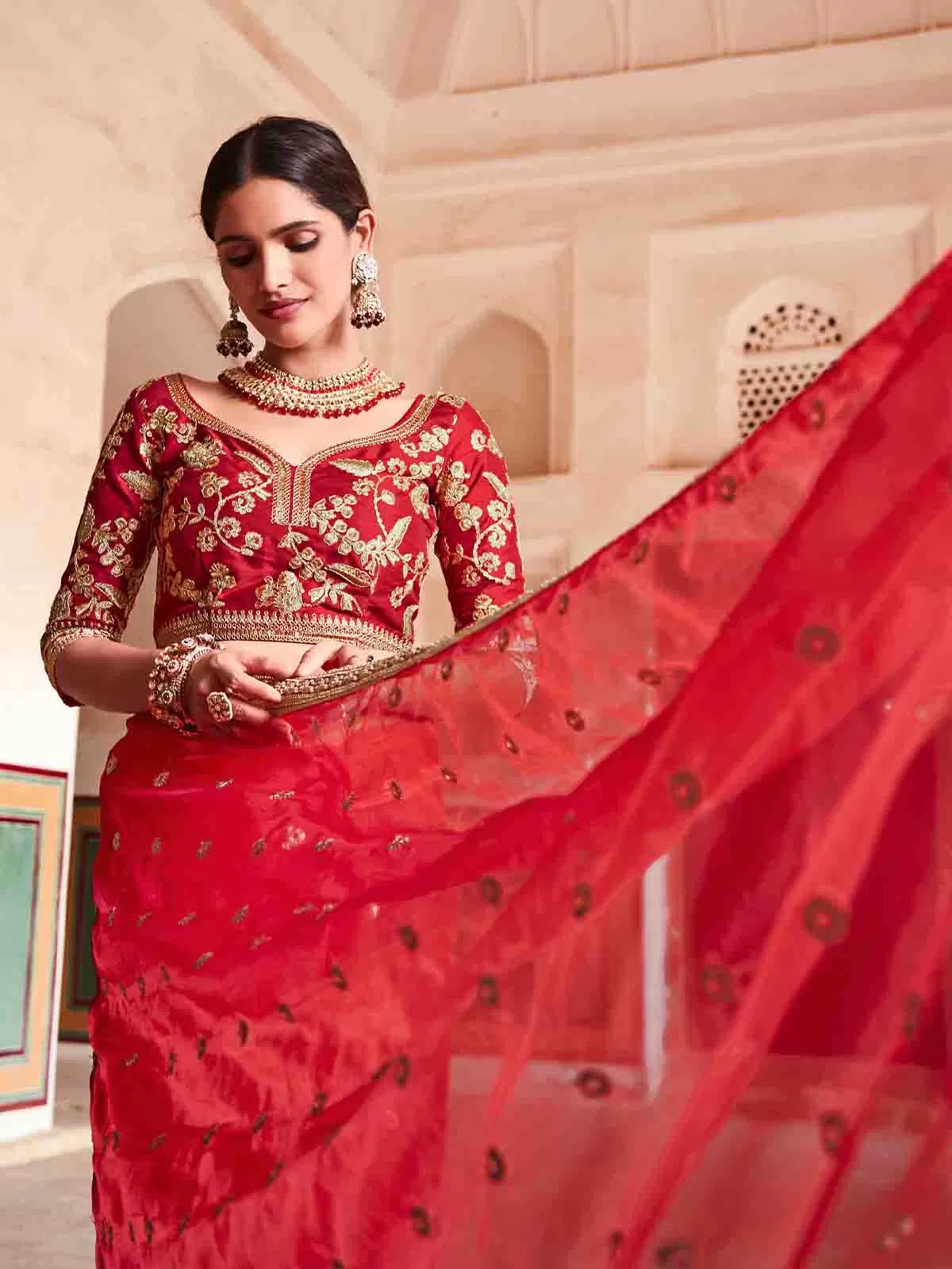 Odette Women Red Organza Embroidered Saree With Unstitched Blouse