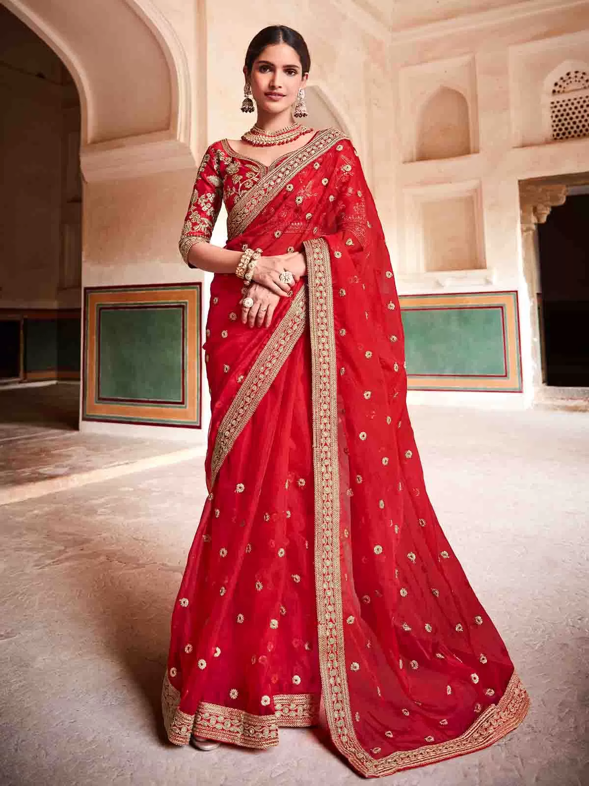 Odette Women Red Organza Embroidered Saree With Unstitched Blouse