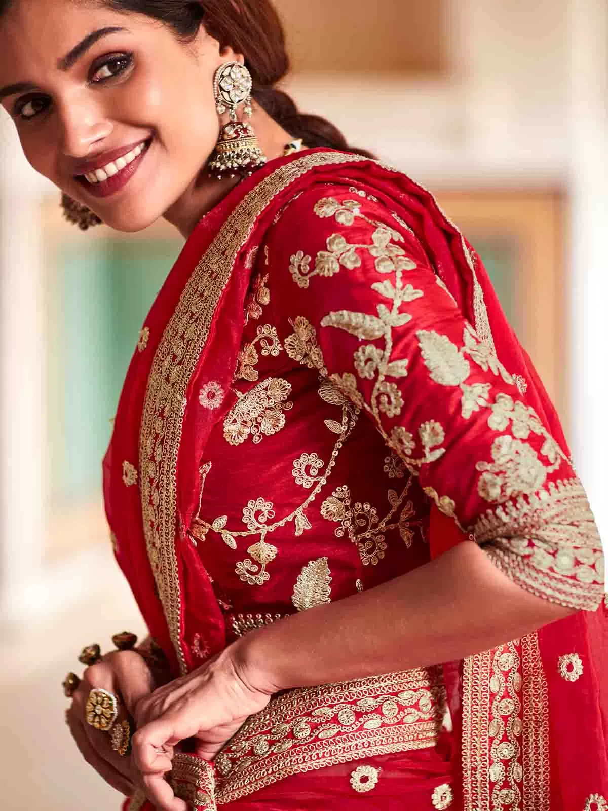 Odette Women Red Organza Embroidered Saree With Unstitched Blouse