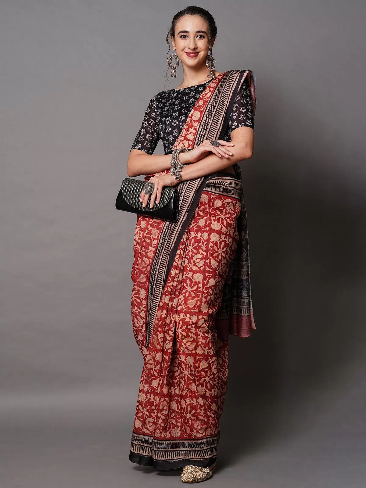 Odette Women Rust Festive Bhagalpuri Silk Printed Saree With Unstitched Blouse